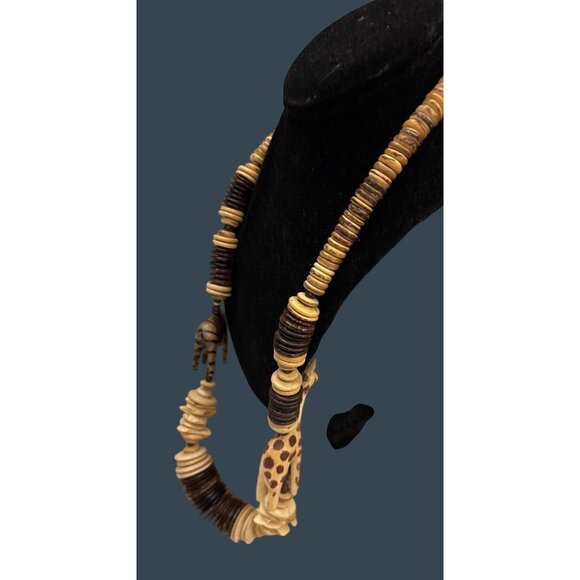 Handmade Wooden Beaded Necklace With Carved Giraffe & Zebra Pendants - Picture 5 of 15